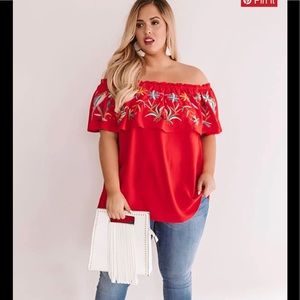 Sunset Palms Embroidered Top In Red